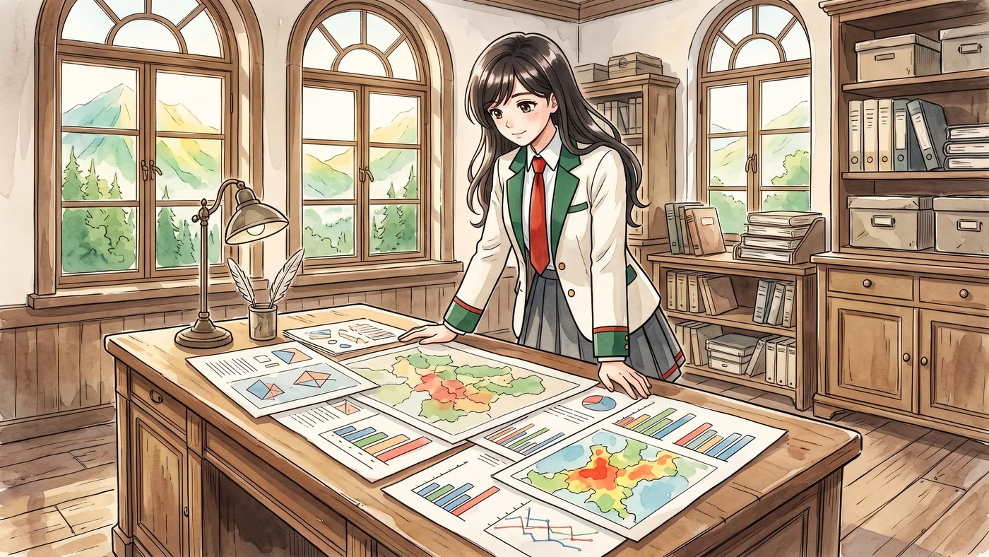 統計局案内人・京。執務室の大机に図表を広げている