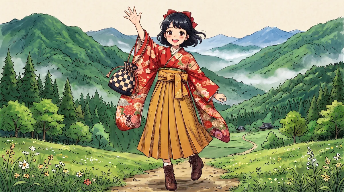 大正から来た子・橙子。山あいの野道で手を振っている