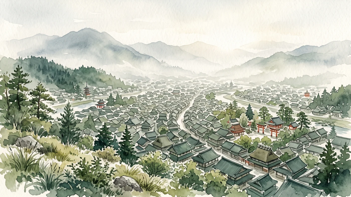 丘の上から見おろす、屋根の連なる町並みと遠い山