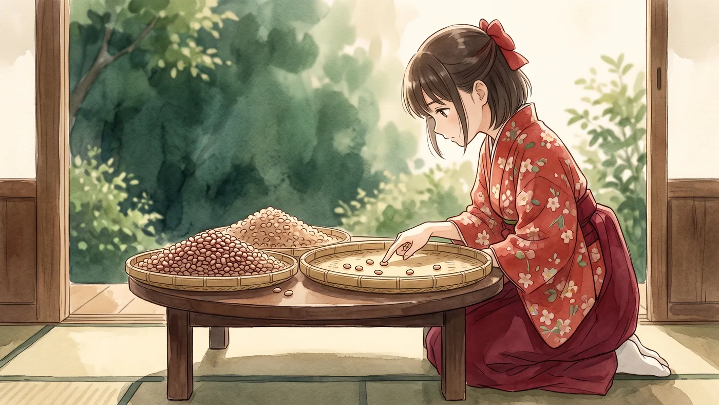 縁側の低い机に、豆が山盛りのざると数粒だけのざるを並べて数える橙子の水彩画