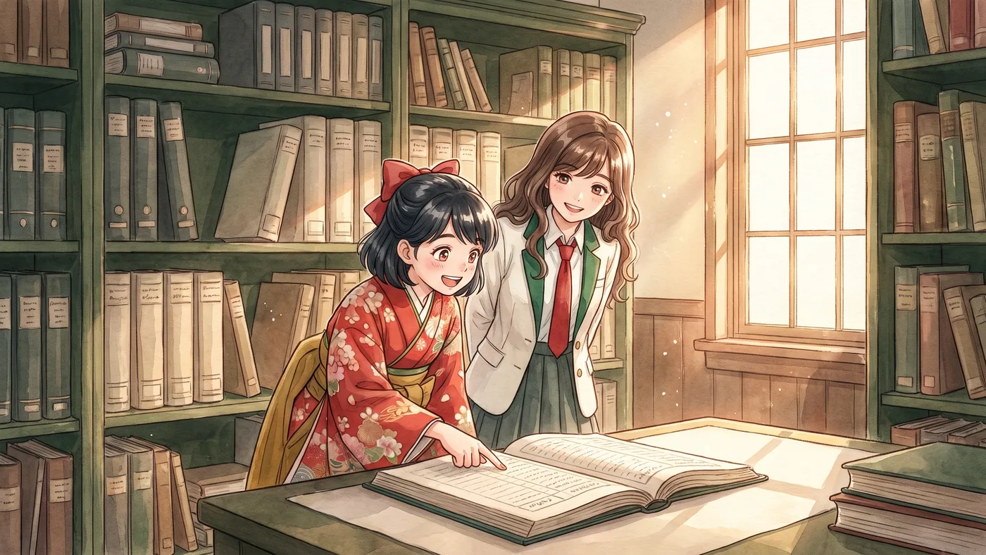 木造の書庫で、開いた台帳を指さす橙子と、のぞきこむ京の水彩画
