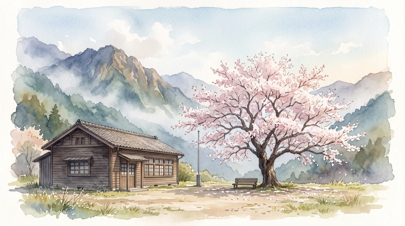 山あいの木造校舎、校庭の一本桜