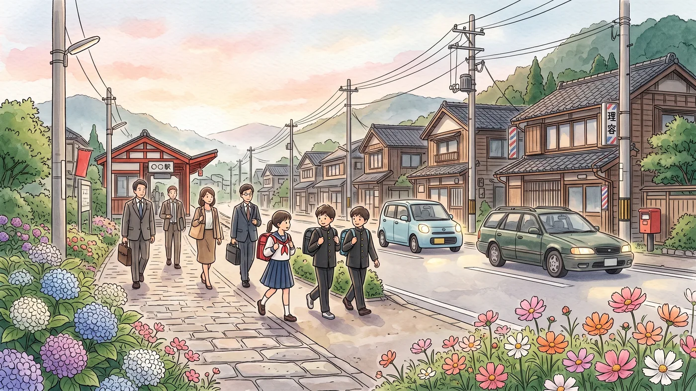 朝の通勤風景。自家用車の列と、駅へ向かう人々を描いた水彩画