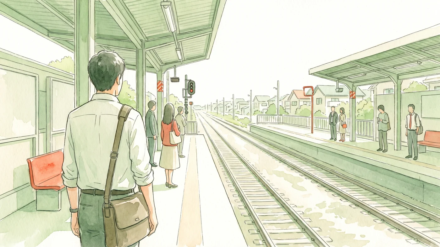 朝の郊外の駅のホーム。通勤鞄を提げた人と、電車を待つ人々。遠くまで伸びる線路を描いた水彩画