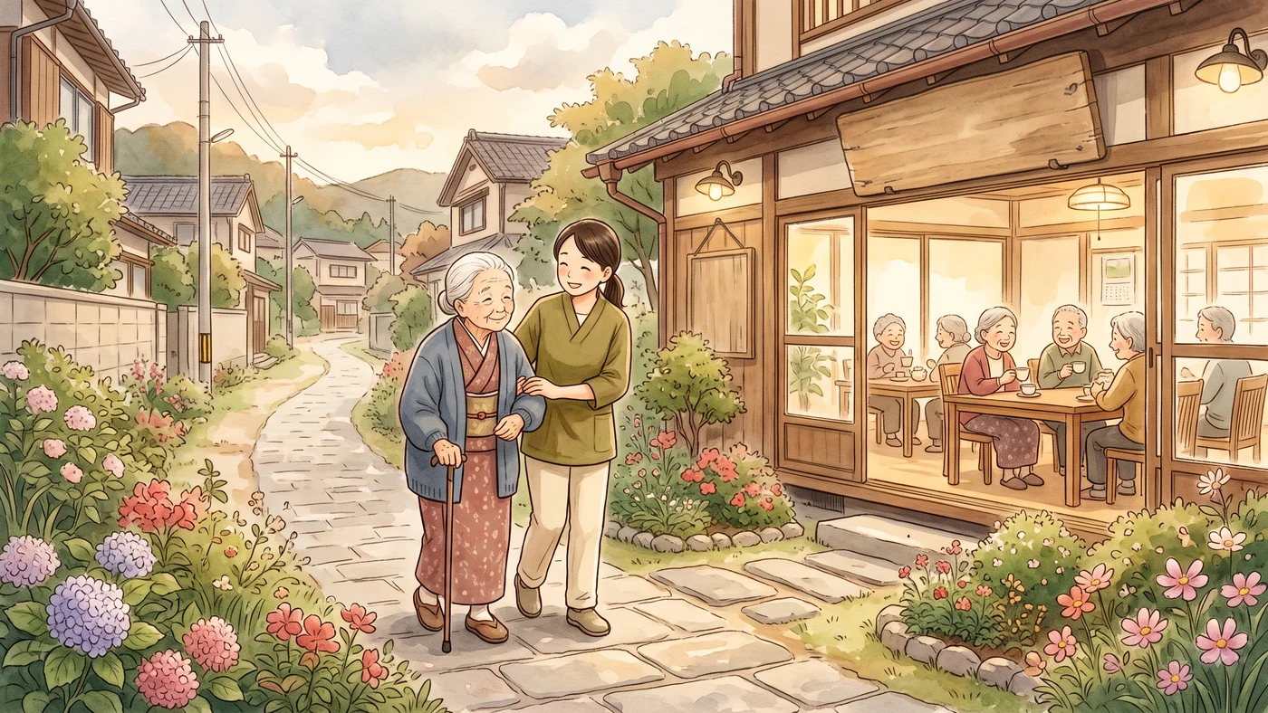 介助を受けながら小径を歩く高齢女性と、デイサービスセンターでお茶を楽しむ人々の水彩画