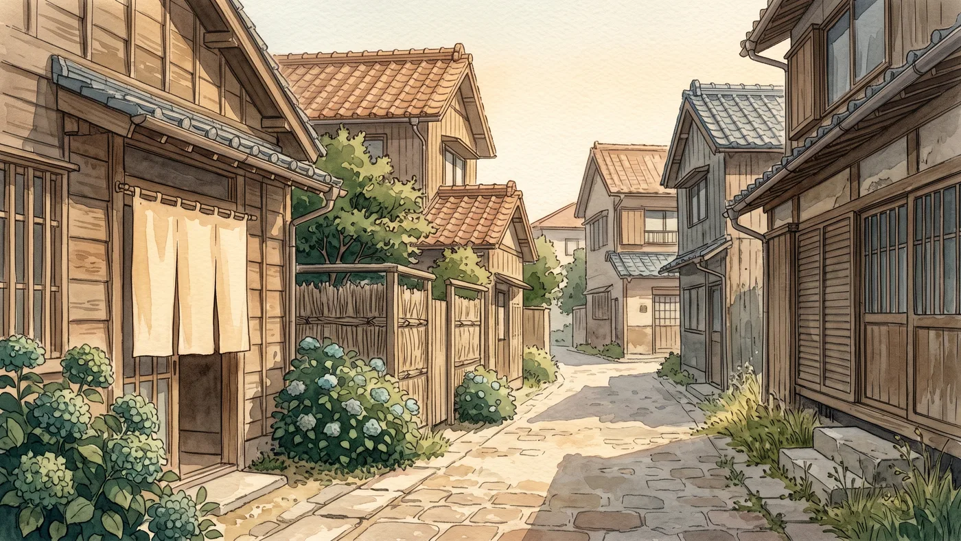 軒を連ねる木造の家並みと、暖簾のかかった家、雨戸を閉じた家を描いた水彩画