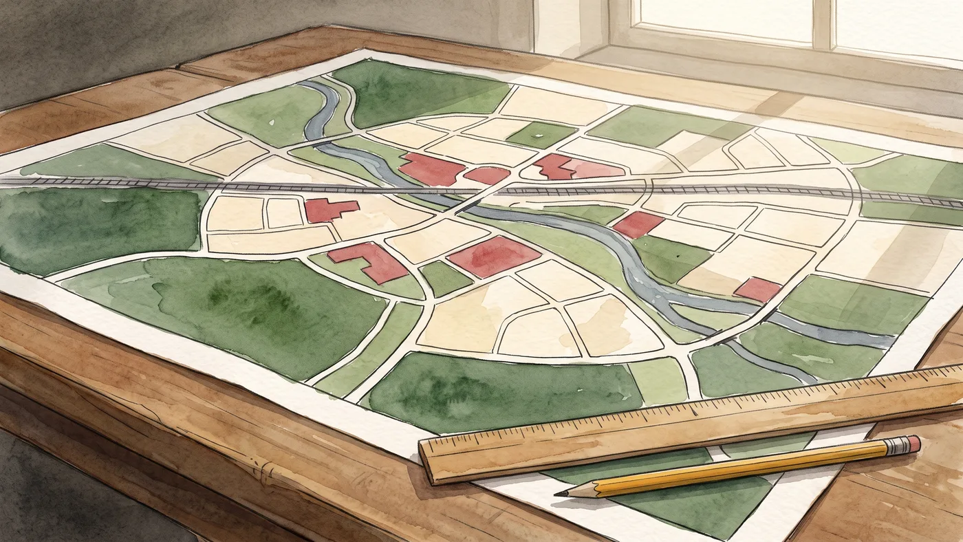 机に広げた、緑と生成りと朱に色分けされた都市計画図の水彩画