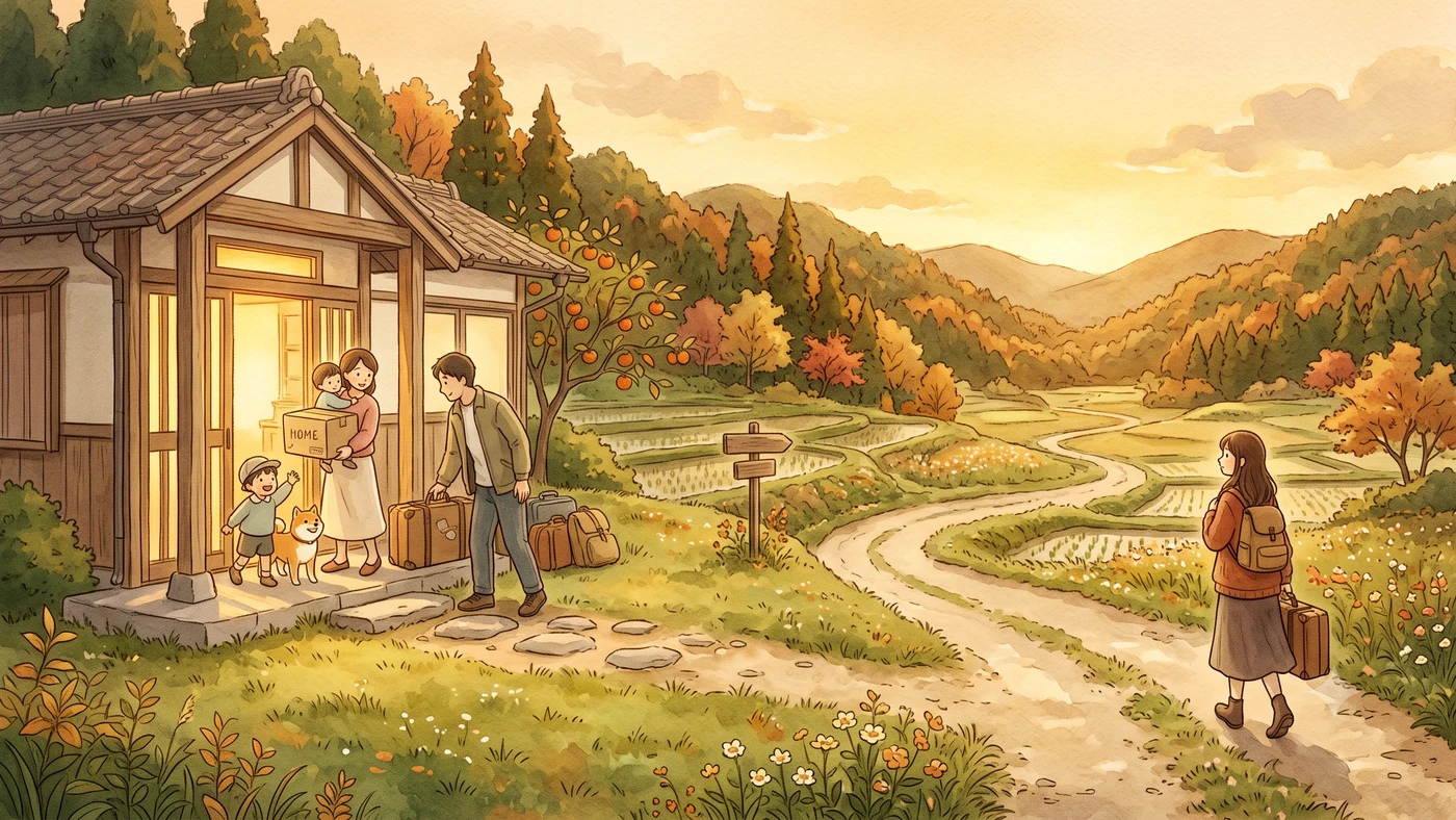 家族が家に帰り着く一方で、一人旅立つ人がいる田舎道の水彩画