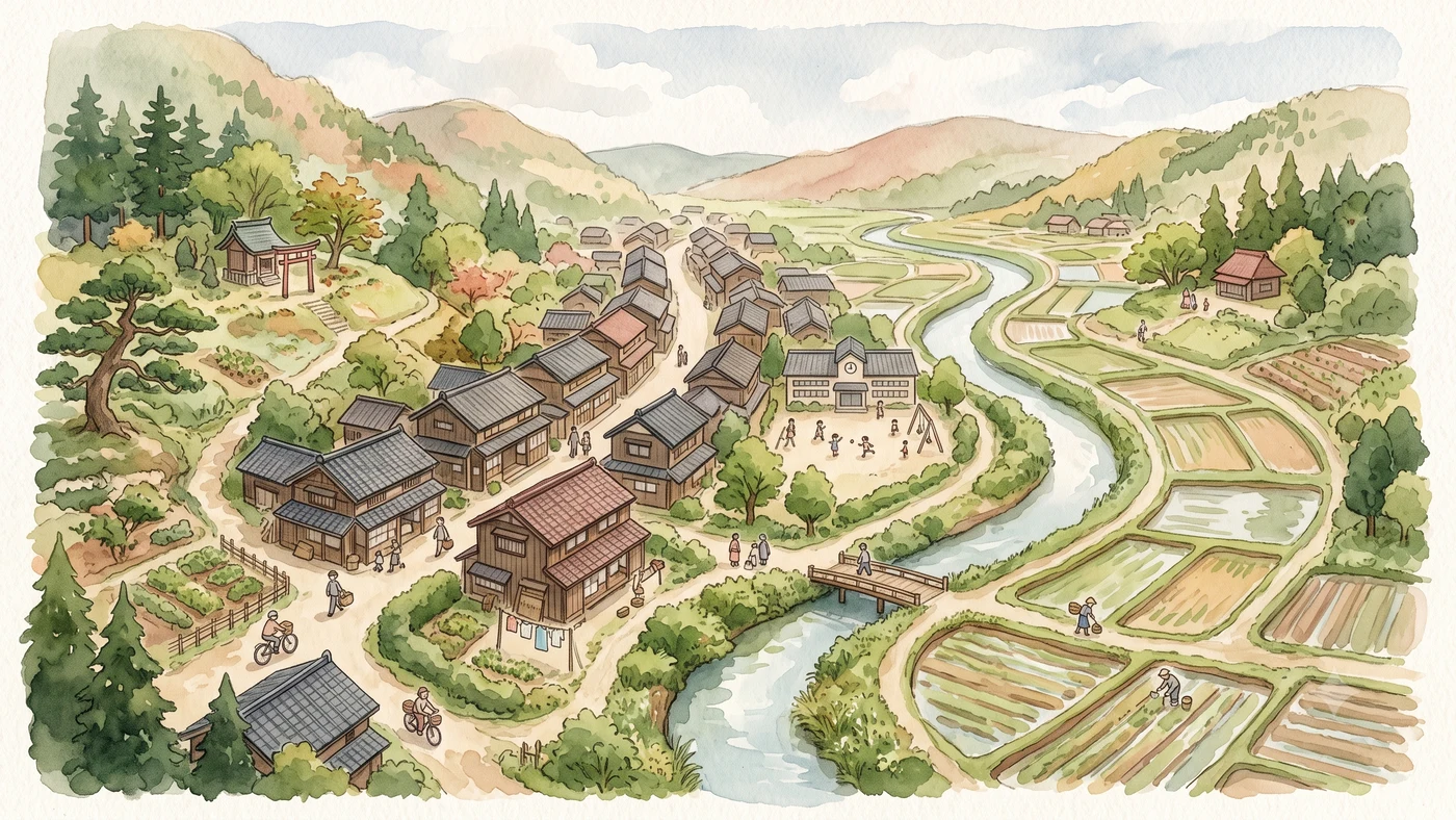 鳥居と学校のある山あいの町を見下ろす俯瞰の水彩画